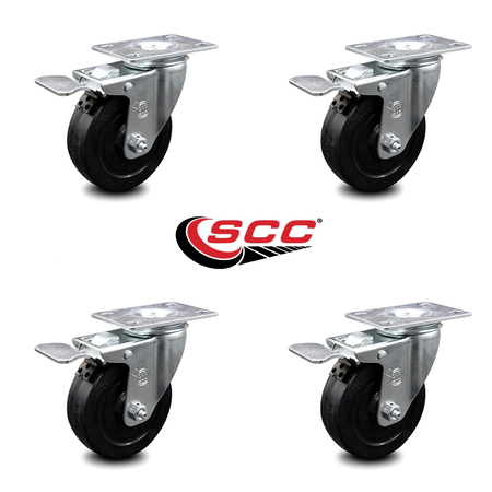 Service Caster 4 Inch Soft Rubber Swivel Top Plate Caster Set with Total Lock Brake SCC SCC-TTL20S414-SRS-4
